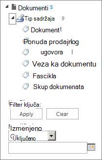Možete podesiti navigaciju metapodataka za kontrolu stabla u levoj tabli