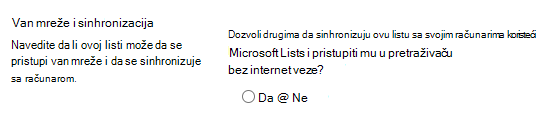 Postavke za vanmrežne mreže i sinhronizaciju za liste