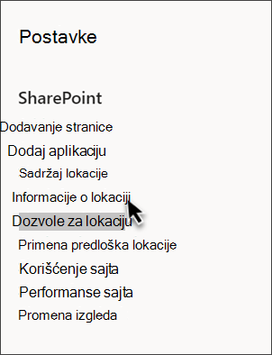 Snimak SharePoint postavki sa izabranim informacijama o sajtu