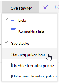 SharePoint Online List View menu Opcija 