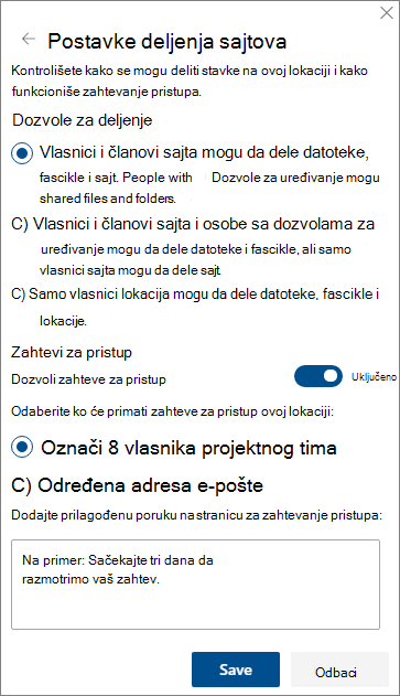 Snimak ekrana table sa postavkama deljenja sajtova.