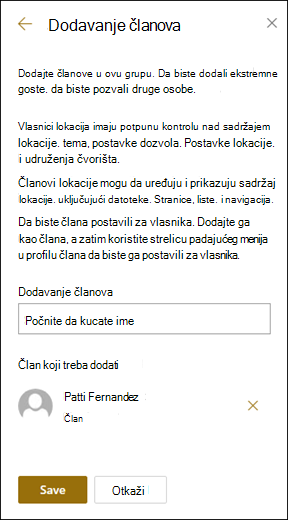 Pregled table za dodavanje članova.