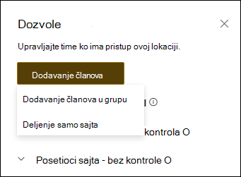 Pregled table sa dozvolama sa padajućim menijem.