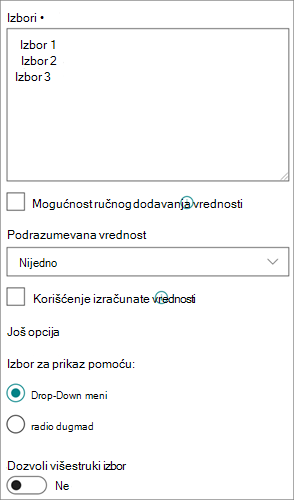 Opcije za kolone izbora u modernom iskustvu
