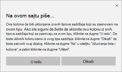 SharePoint odziv za potvrdu prilikom uklanjanja kolone iz tipa sadržaja lokacije za sve tipove sadržaja koji se zasnivaju na tom tipu
