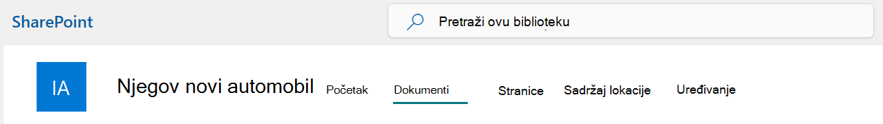 Meni gornje trake SharePoint lokacije sa izabranom opcijom 