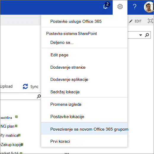 Ova slika prikazuje meni ikone zupčanika i izabranu opciju 