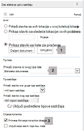 Lista svojstava veb segmenta upita sadržaja sa tri oblačića