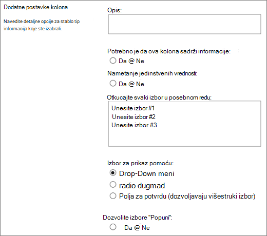Opcije za kolone izbora