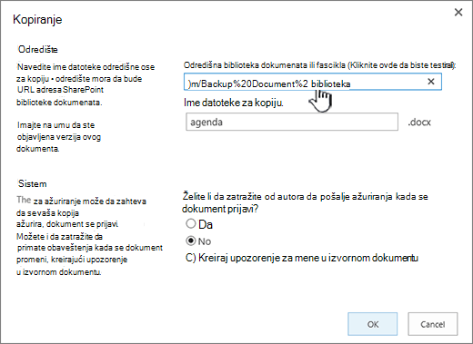 Copy dialog box with URL selected.