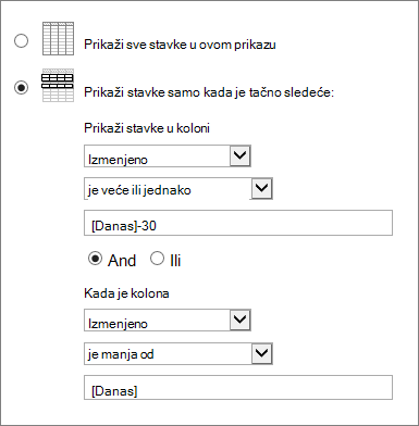 Filtriranje koristeći [Danas]