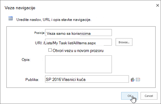 Svojstva veze navigacije sa istaknutim dugmetom 