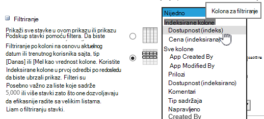 U usluzi SharePoint Online, izaberite indeksirano polje