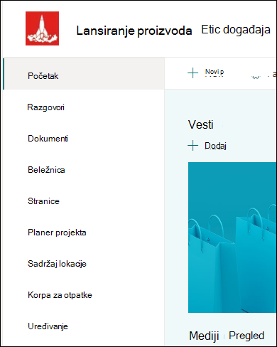 Meni sa leve strane SharePoint sajta tima