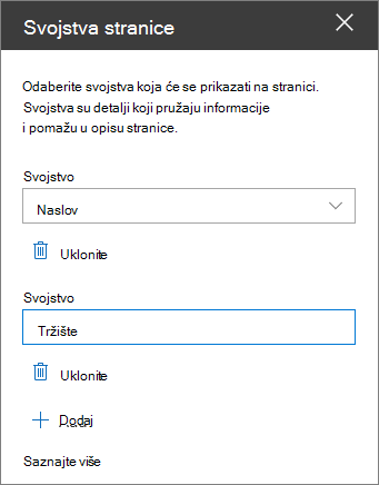 Okno veb segmenta svojstava stranice
