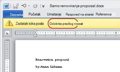 Stavka za redigovanje sa pozvanim tekstom „Odobrite“