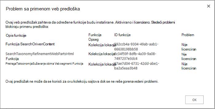 Snimak ekrana poruke o grešci koji prikazuje grešku koju možete dobiti ako nedostupne funkcije sprečavaju kreiranje lokacije u sistemu SharePoint Online.