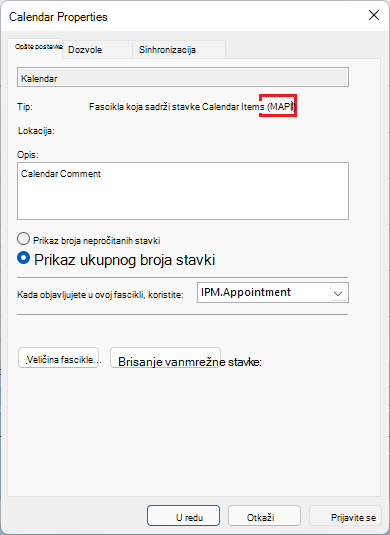 Slika prikazuje prozor svojstava Outlook sastanka sa m a p i zaokruženim crvenom bojom.
