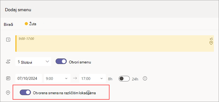 Snimak ekrana koji prikazuje preklopnik Otvorena promena na svim lokacijama za otvorenu smenu.