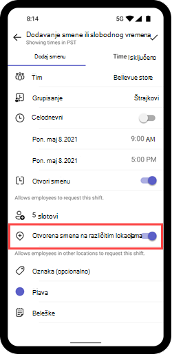 Snimak ekrana koji prikazuje preklopnik Otvorena promena na svim lokacijama za smenu na mobilnom uređaju.