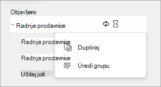 Snimak ekrana koji prikazuje opcije u meniju 