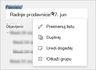 Snimak ekrana koji prikazuje opcije u meniju 