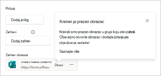 Snimak ekrana koji prikazuje novi obrazac dodat zadatku.