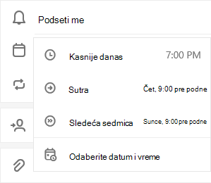 Izabrana je opcija Podseti me sa opcijom da odaberem 