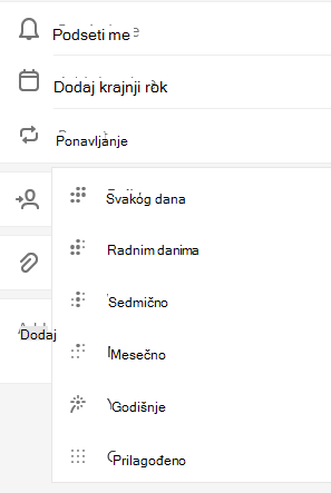 Ponavljanje je izabrano sa opcijom za izbor dnevnog, vikenda, sedmičnog, mesečnog, godišnjeg ili prilagođenog