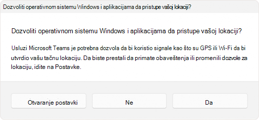 Snimak ekrana odziva koji traži od korisnika da dozvoli aplikaciji pristup lokaciji.