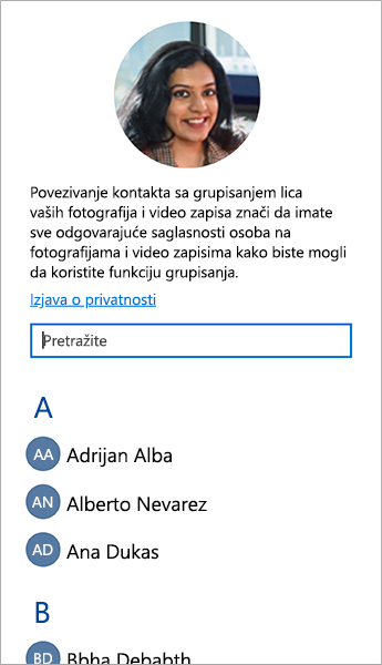 Snimak ekrana liste koju možete da koristite za povezivanje kontakata sa grupisanjem lica.