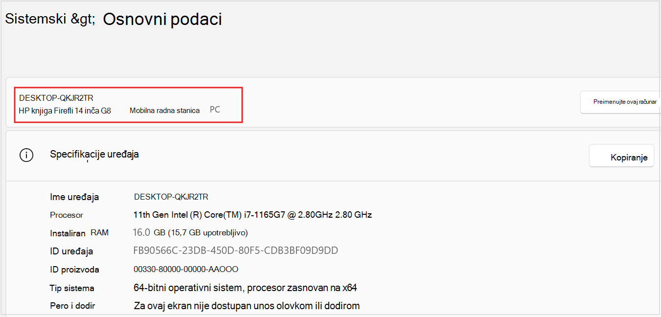 Snimak ekrana imena i modela uređaja za računare