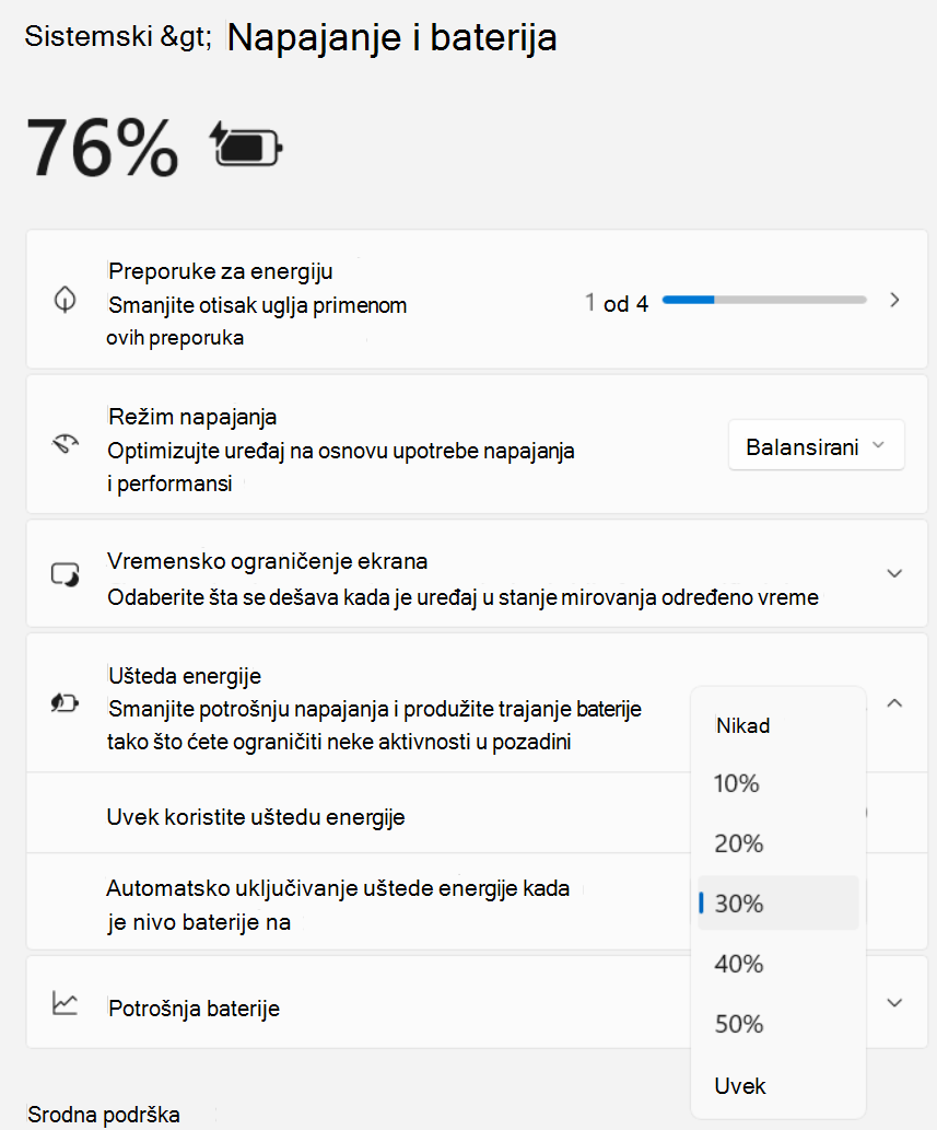 Snimak ekrana postavki > Napajanje sistema > i ušteda baterije > Ušteda energije