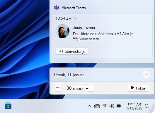 Snimak ekrana opcije fokusa na sistemskoj traci poslova.