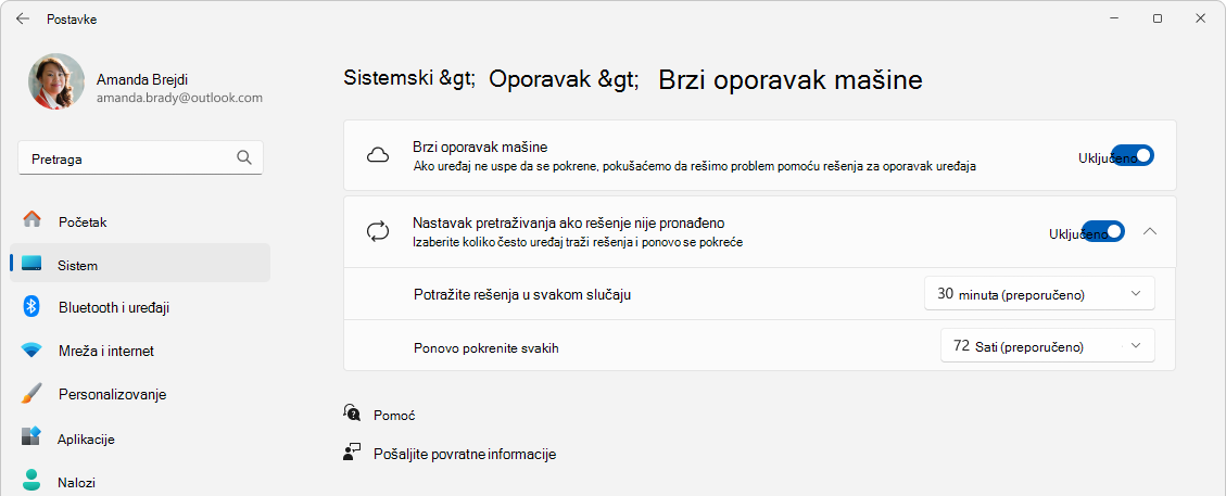 Snimak ekrana brzog oporavka postavki >> mašine.