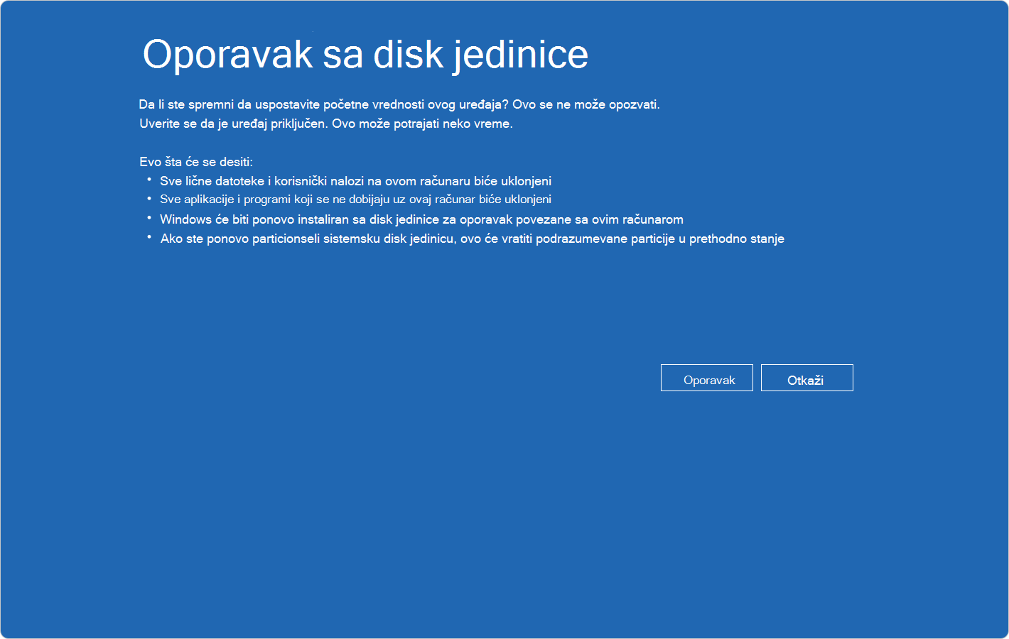 Snimak ekrana Windows RE koji prikazuje potvrdu oporavka iz disk jedinice