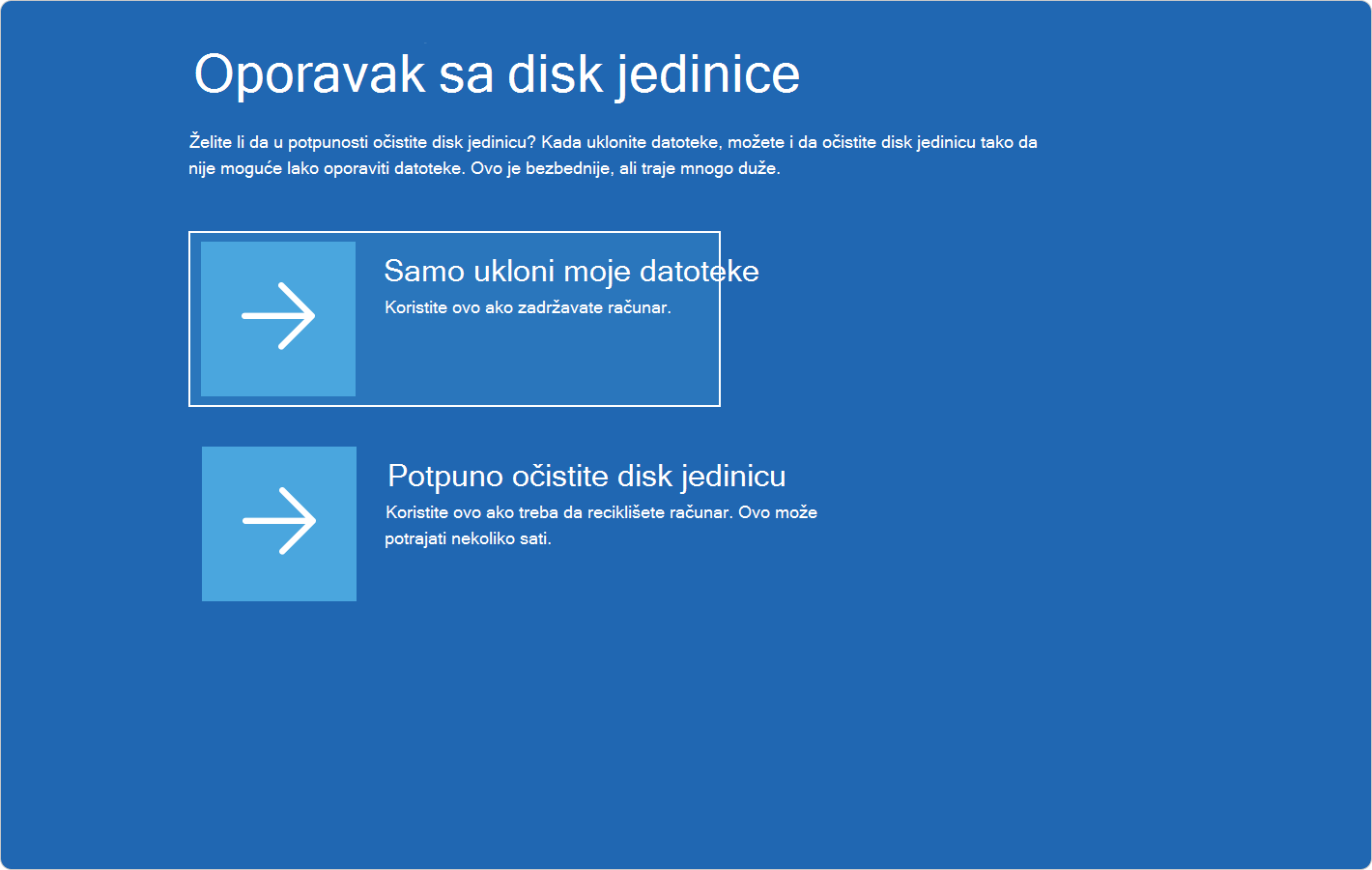 Snimak ekrana Windows RE-a koji prikazuje opcije za oporavak sa disk jedinice