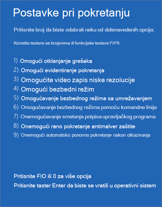 Snimak ekrana liste postavki pokretanja.