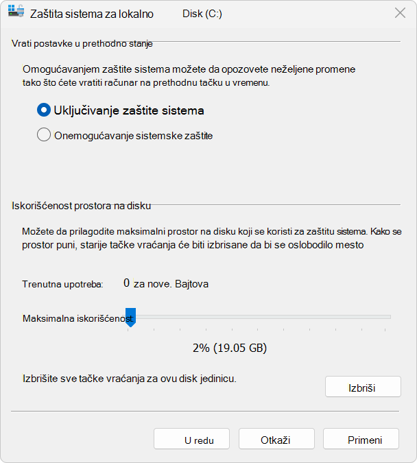Snimak ekrana sistemske zaštite.