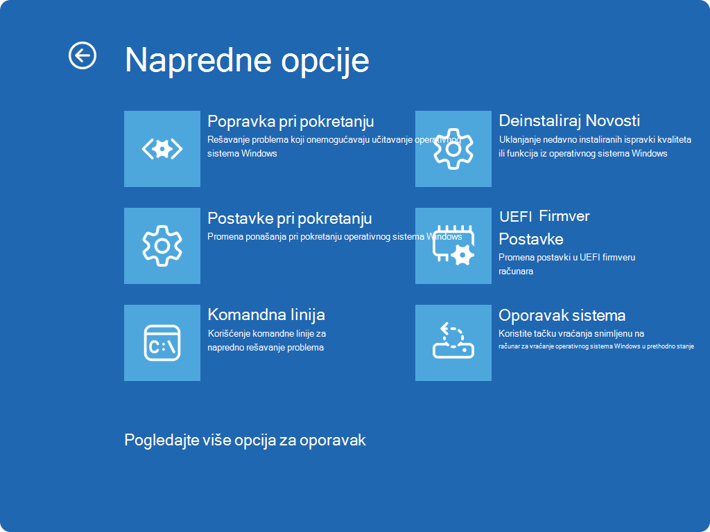 Snimak ekrana Windows RE – napredne opcije.