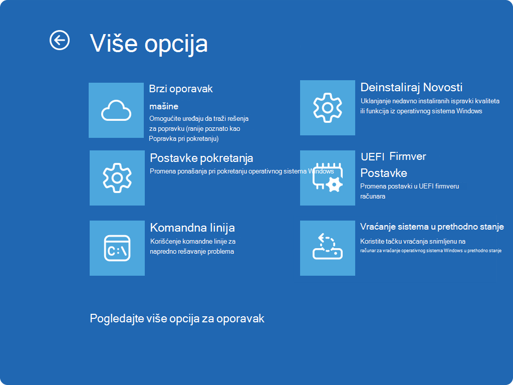 Snimak ekrana Windows RE koji prikazuje napredne opcije i novu QMR stavku.
