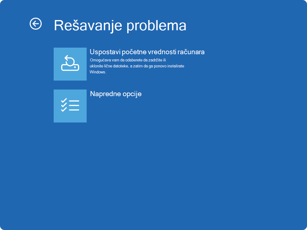 Snimak ekrana Windows RE – Rešavanje problema.