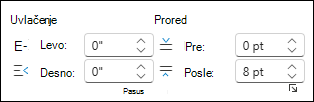 Promena uvlačenja i razmaka u programu Word za veb