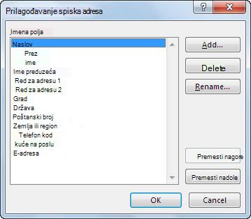 Dijalog „Prilagođavanje spiska adresa“