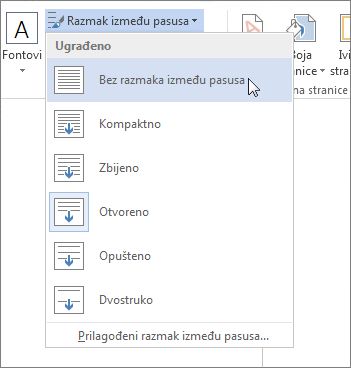 Bez prostora između pasusa u meniju Razmak između pasusa