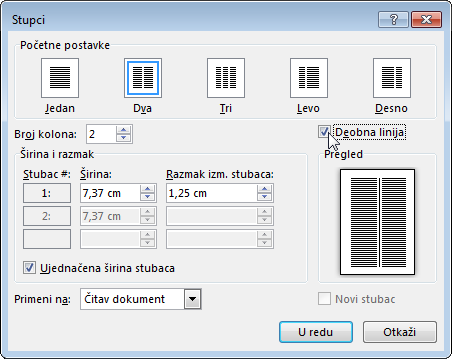 Dijaog „Kolone“ sa izabranom stavkom „Linija između“
