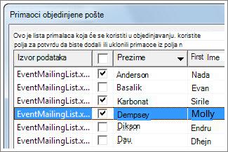 Izaberite redove potvrdom izbora u polju za potvrdu