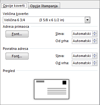 Kartica sa opcijama koverte za postavljanje veličine koverte i fontova za adresu