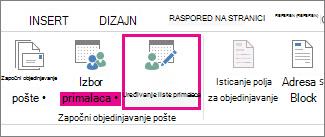 Snimak ekrana kartice „Pošiljke“ u programu Word, koji prikazuje markiranu komandu „Uredi listu primalaca“.