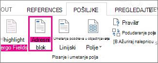 Umetanje polja za objedinjavanje „Adresni blok“